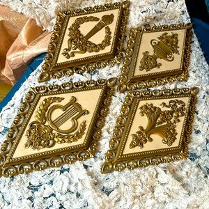 1971 Set of 4 ✨ Homco Hollywood Regency Ornate Gold Diamond Wall Plaques